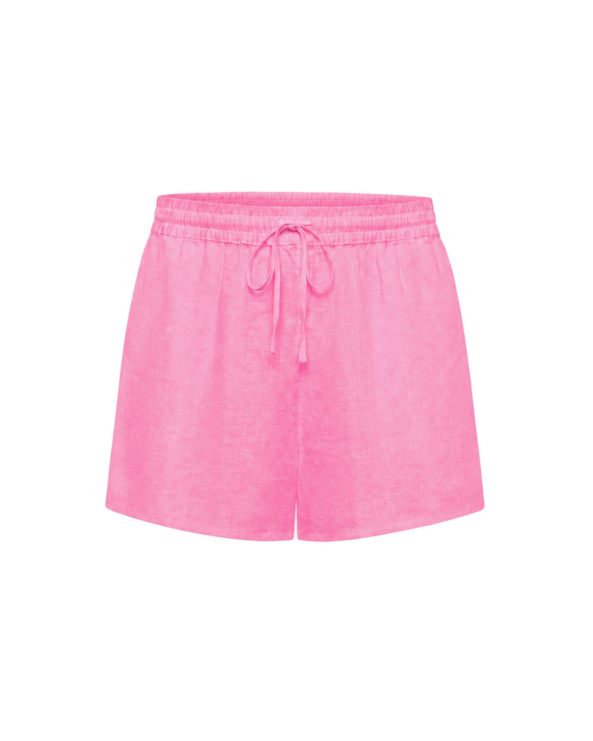 Rio Short - Hottest Pink Off-model view of the LSPACE Rio Short in hottest pink, displayed flat against a white background to show the elastic drawstring waistband and relaxed linen silhouette.
