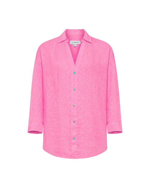 Off-model view of the LSPACE Rio Tunic in hottest pink, displayed flat on a white background to show the oversized linen button-up silhouette with three-quarter sleeves.