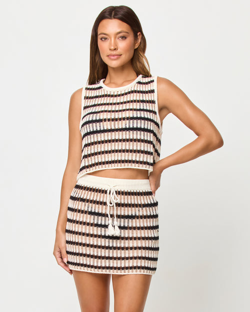 LSPACE Sander top in Isle Stripe, front view on model.