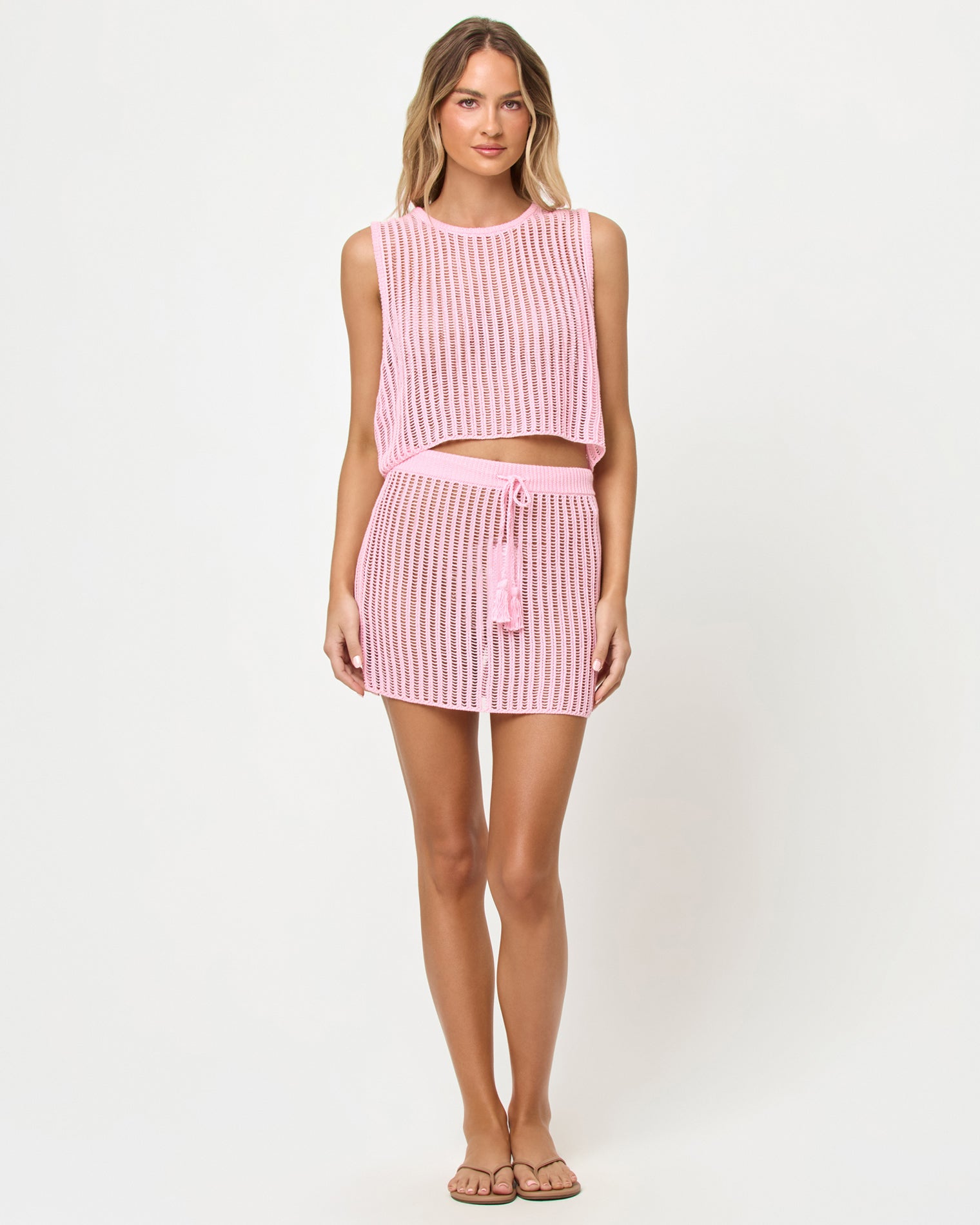 Sander Top - Rosewater Rosewater | Badge:New Arrival_#B2AC88_#ffffff'
LSPACE Sander Top and Skirt in Rosewater, front view on model.
