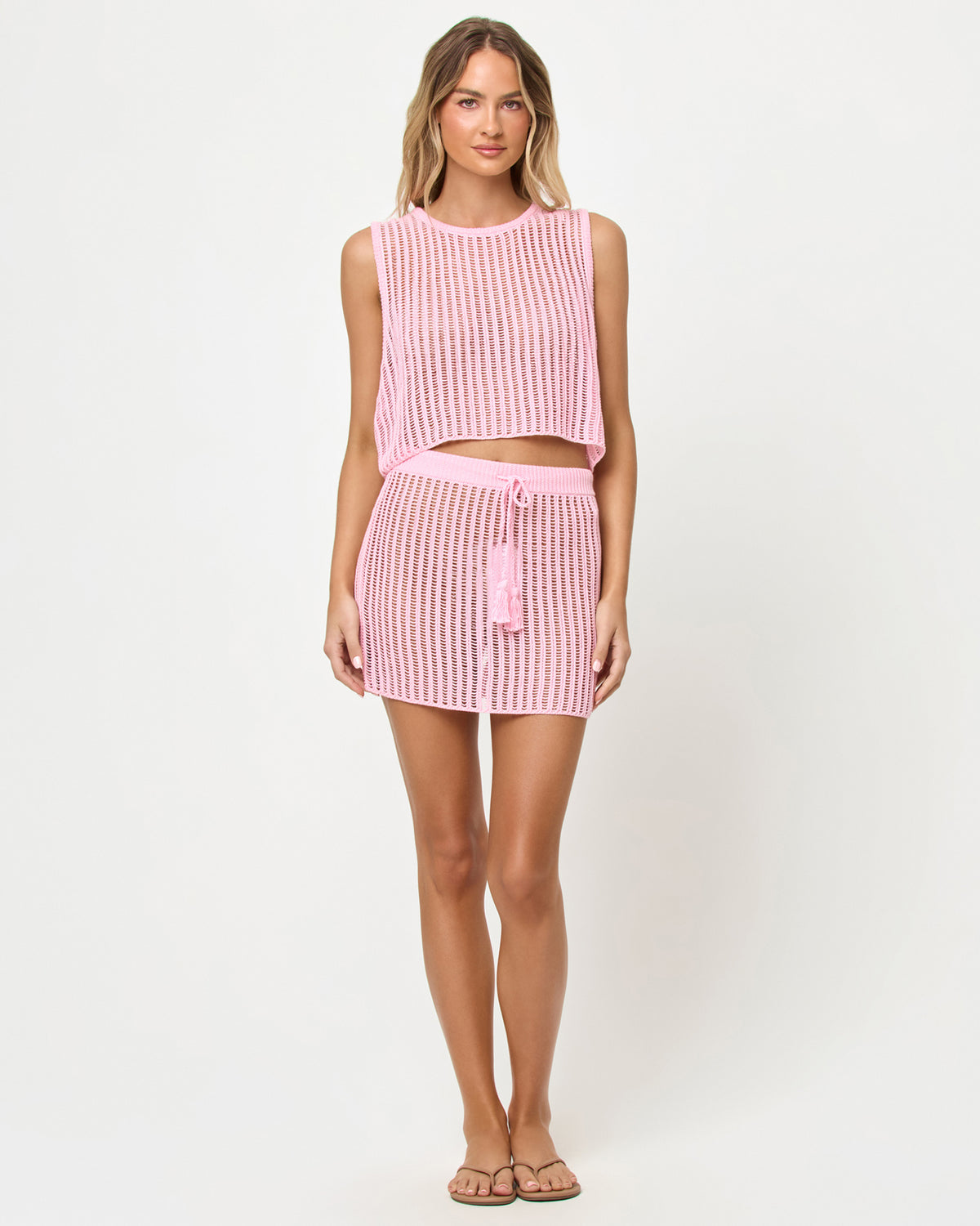 Sander Top - Rosewater Rosewater | Badge:New Arrival_#B2AC88_#ffffff'
LSPACE Sander Top and Skirt in Rosewater, front view on model.