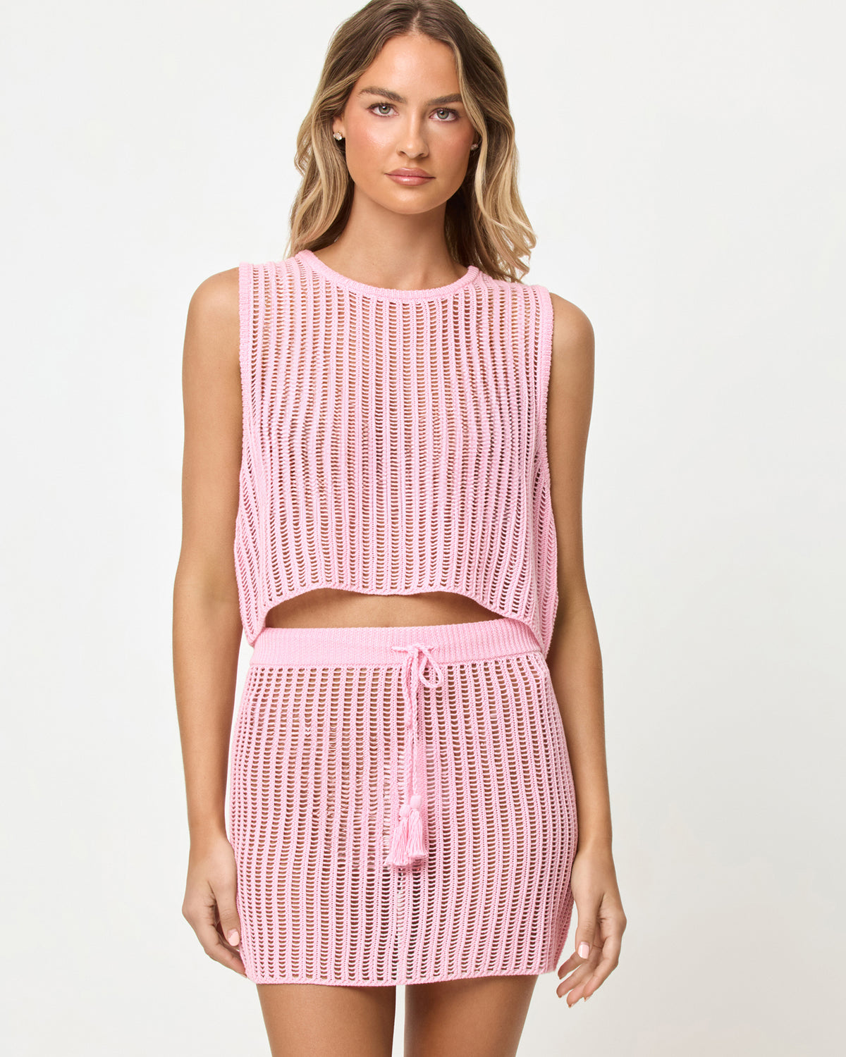 Sander Top - Rosewater Rosewater | Badge:New Arrival_#B2AC88_#ffffff'
LSPACE Sander Top and Skirt in Rosewater, close-up front view on model.