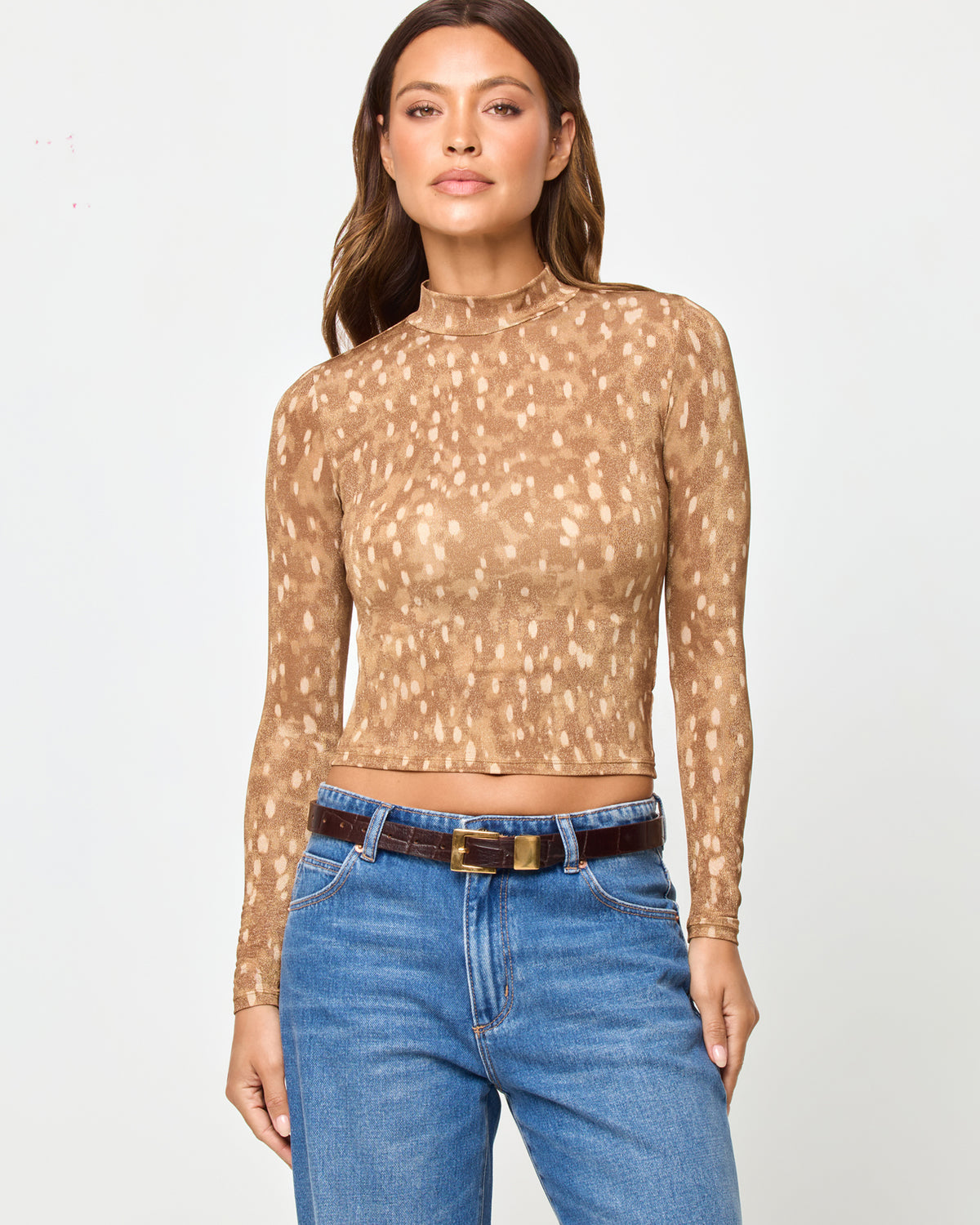 Shimmer Long Sleeve - Fawny Business LSPACE Shimmer long sleeve in Fawny Business, front view on model.