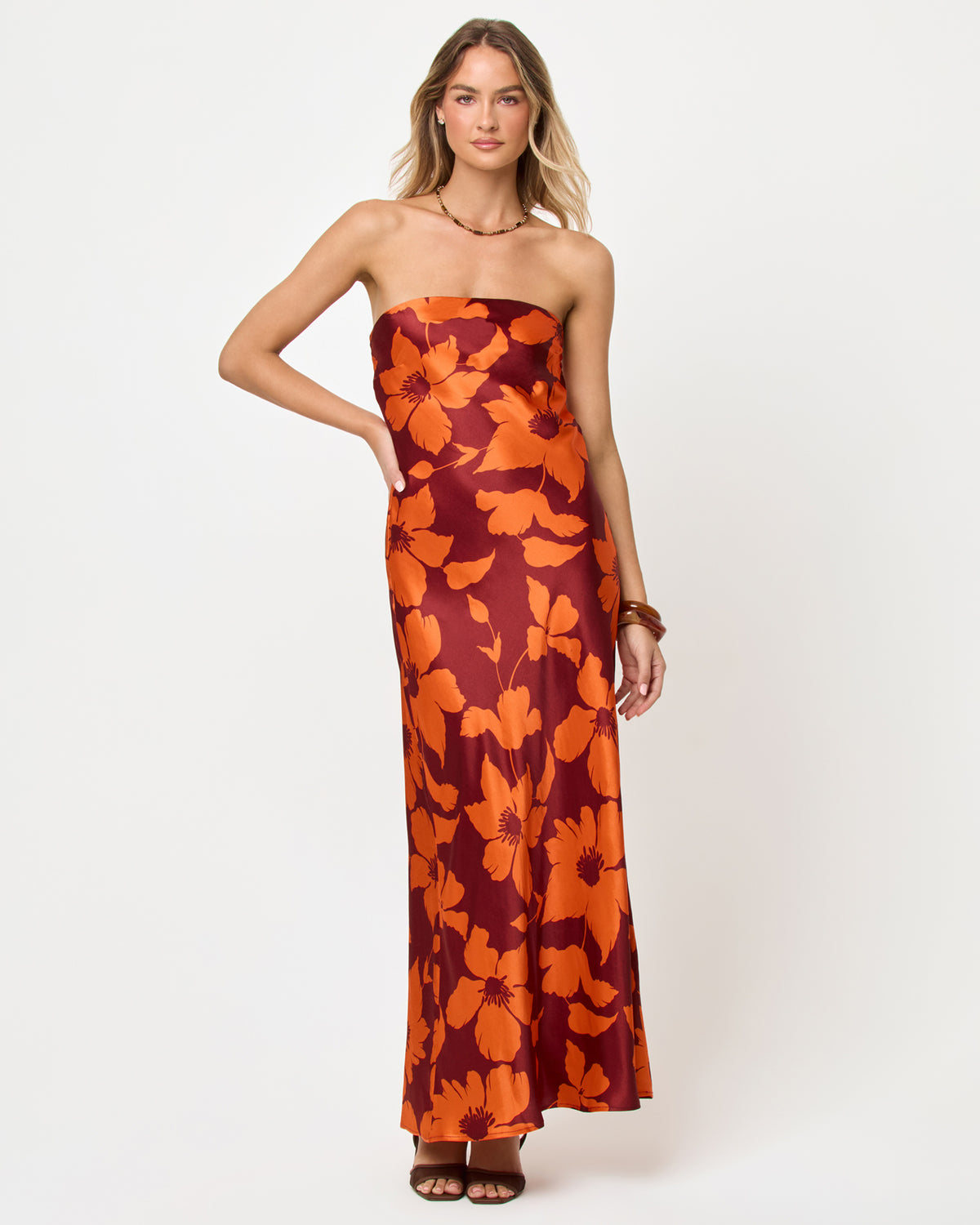 Spring In Love Dress - Cocobolo LSPACE Spring In Love dress in Cocobolo print, front view on model.