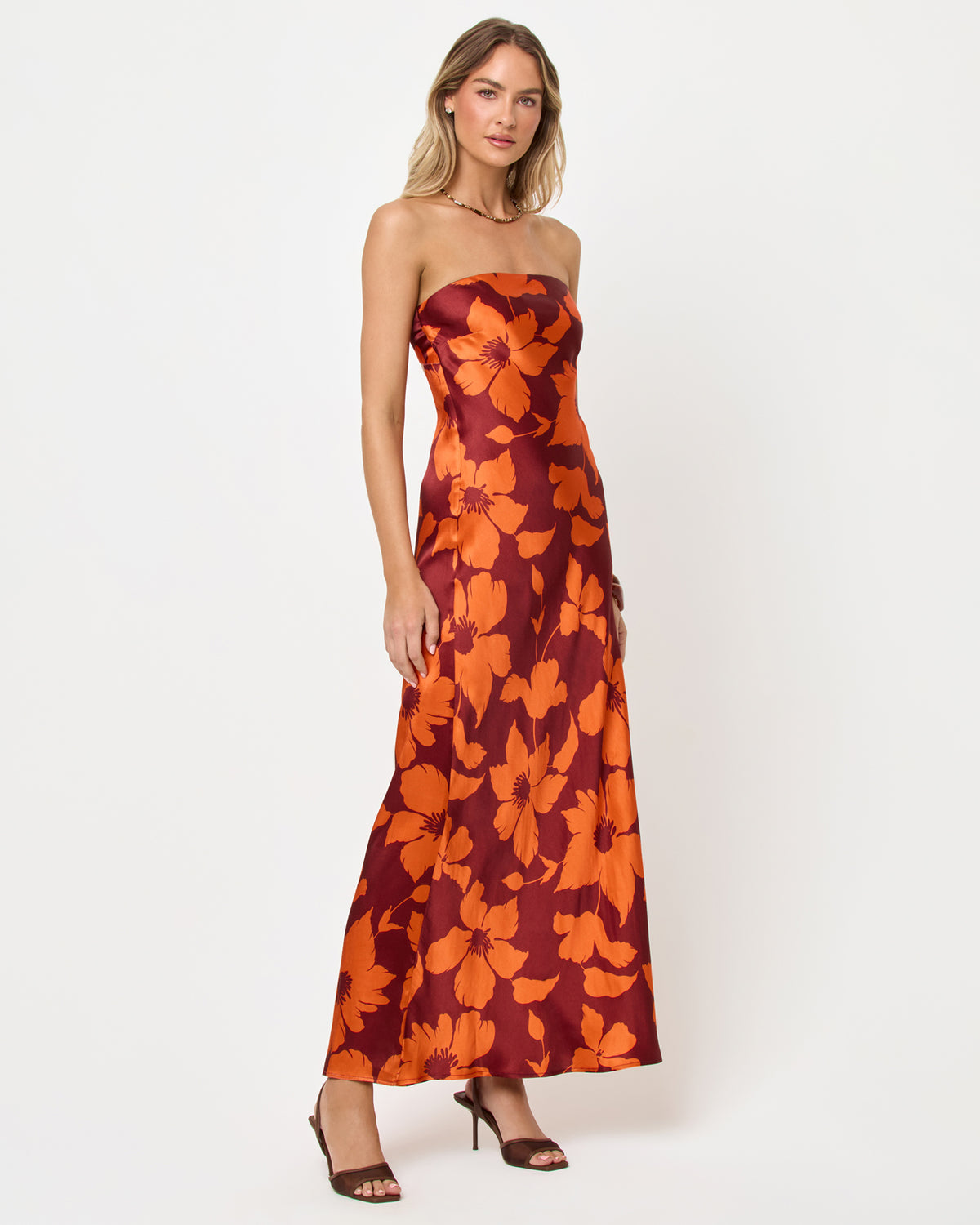 Spring In Love Dress - Cocobolo LSPACE Spring In Love dress in Cocobolo print, three-quarter view on model.