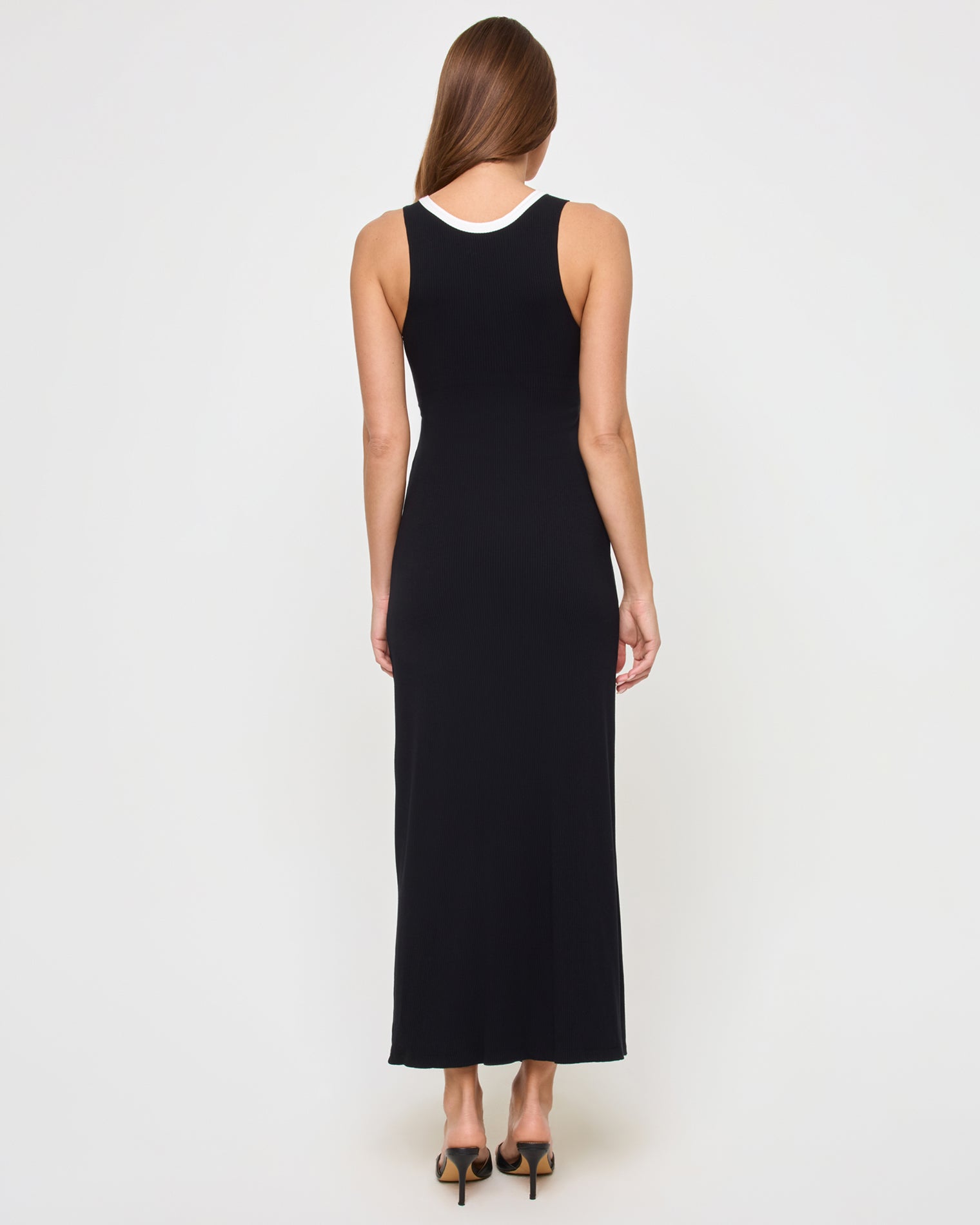 Steph Dress - Black-Cream Back view of model wearing the Steph Dress in black and cream
