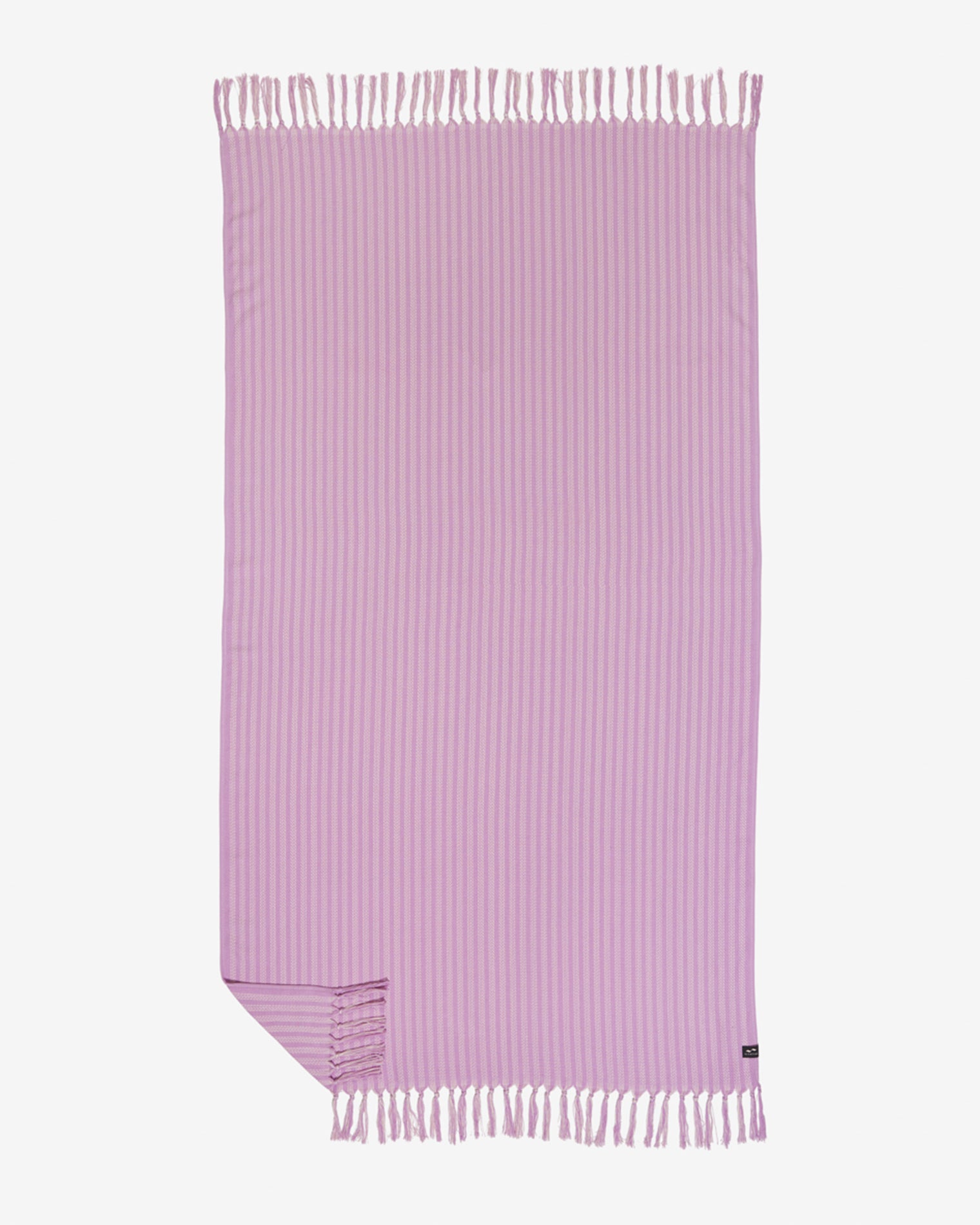 Slowtide Koko Turkish Towel - Ube Flat lay of the Slowtide Koko Turkish Towel in ube, showing a solid lavender purple with fine vertical ribbed stripe texture and fringe on both ends.