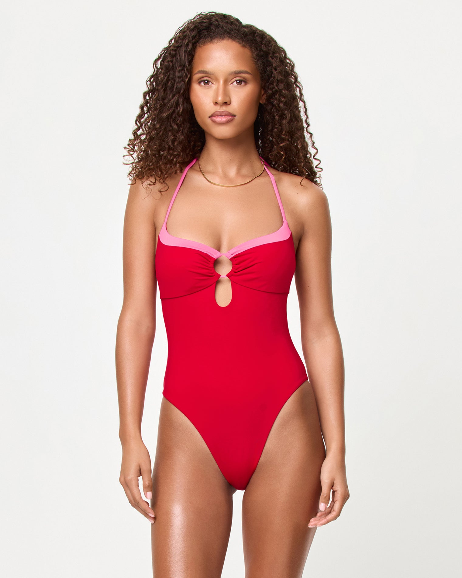 Juno One Piece Swimsuit - Lipstick Red Sweetheart Front view of a model wearing the LSPACE Lipstick Red Sweetheart Juno One Piece Swimsuit.