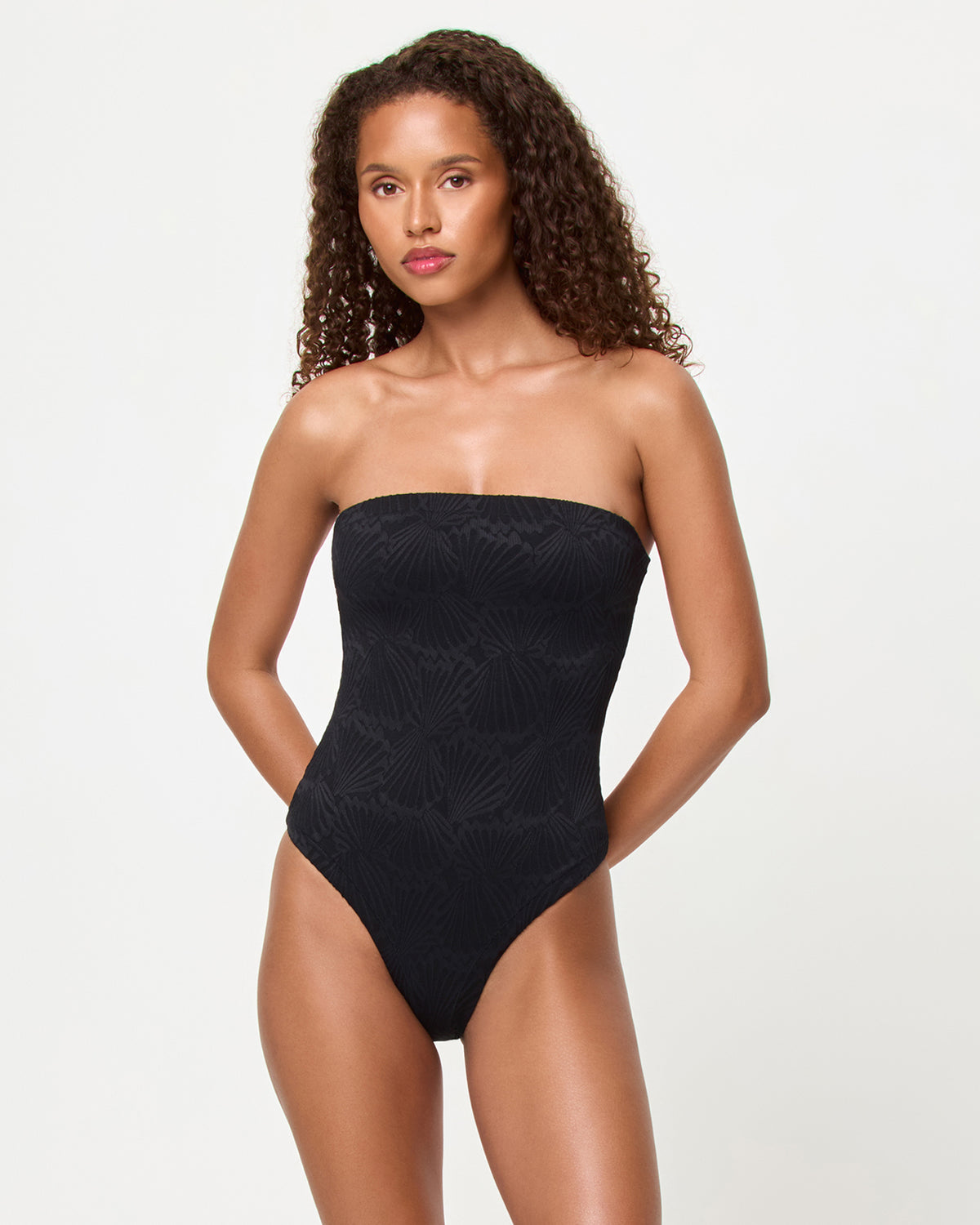 La Femme One Piece Swimsuit - Black Shellpress LSPACE La Femme one piece swimsuit in Black Shellpress print, front view on model.