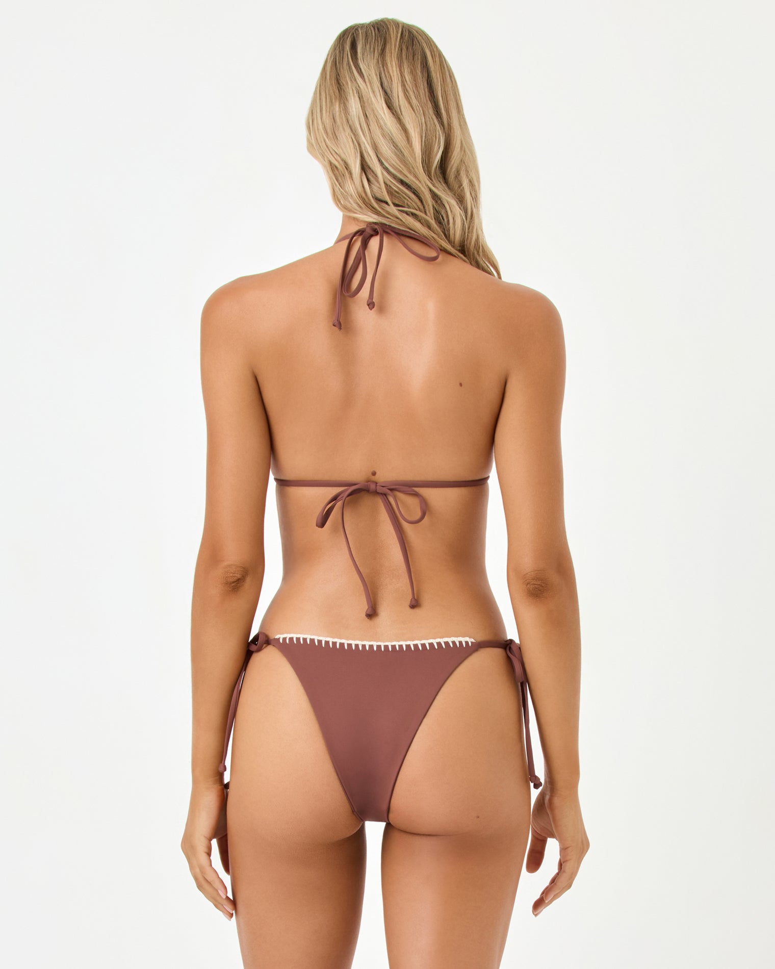 Samba Bikini Bottom - Cafe Back view of a model wearing the LSPACE cafe Samba Bikini Bottom with matching triangle top and cream trim detail.