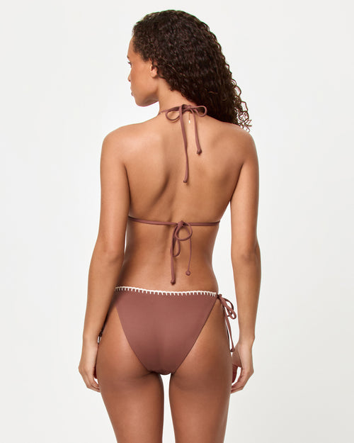 Back view of a model wearing the LSPACE cafe Samba Bikini Bottom with matching triangle top.