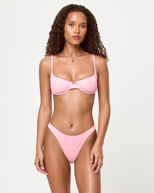 LSPACE Belle bikini top and Donnie bikini bottom in Pink Sugar, front view on model.