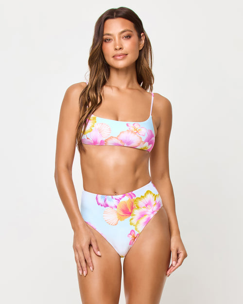 
LSPACE Presley bikini top in Hibiscus And Plumeria Oh My print, front view on model.