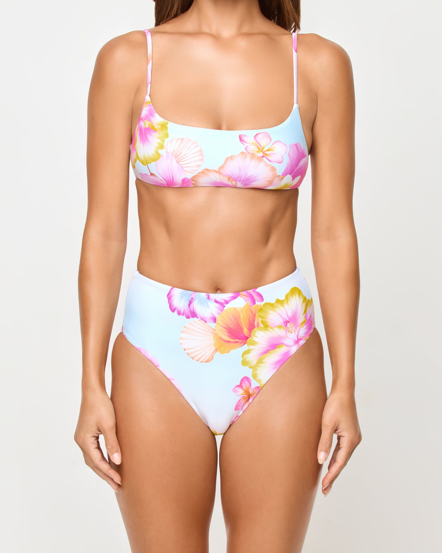 Presley Bikini Top - Hibiscus And Plumeria Oh My LSPACE Presley bikini top in Hibiscus And Plumeria Oh My print, close-up detail view on model.