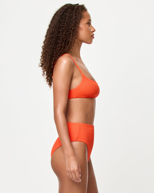 LSPACE Presley Bikini Top and Soleil bikini bottom in Poppy, side view on model.