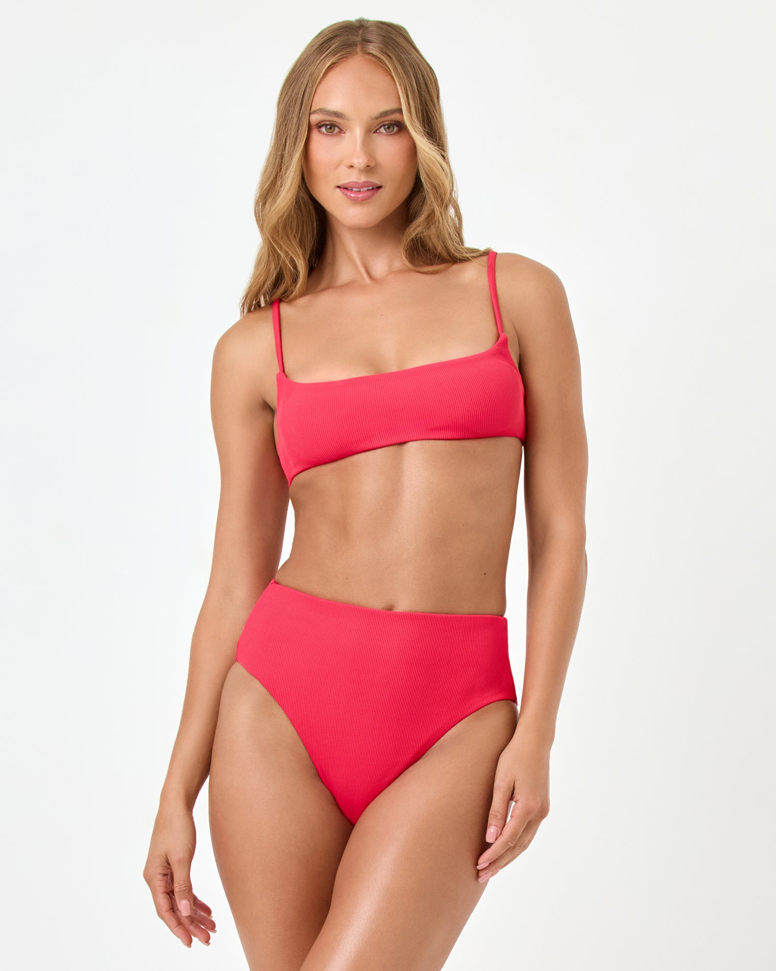 Presley Bikini Top - Pout Front view of a model wearing the LSPACE Pout Presley Bikini Top with a square neckline and thin adjustable straps, styled with the Donnie Bikini Bottom.