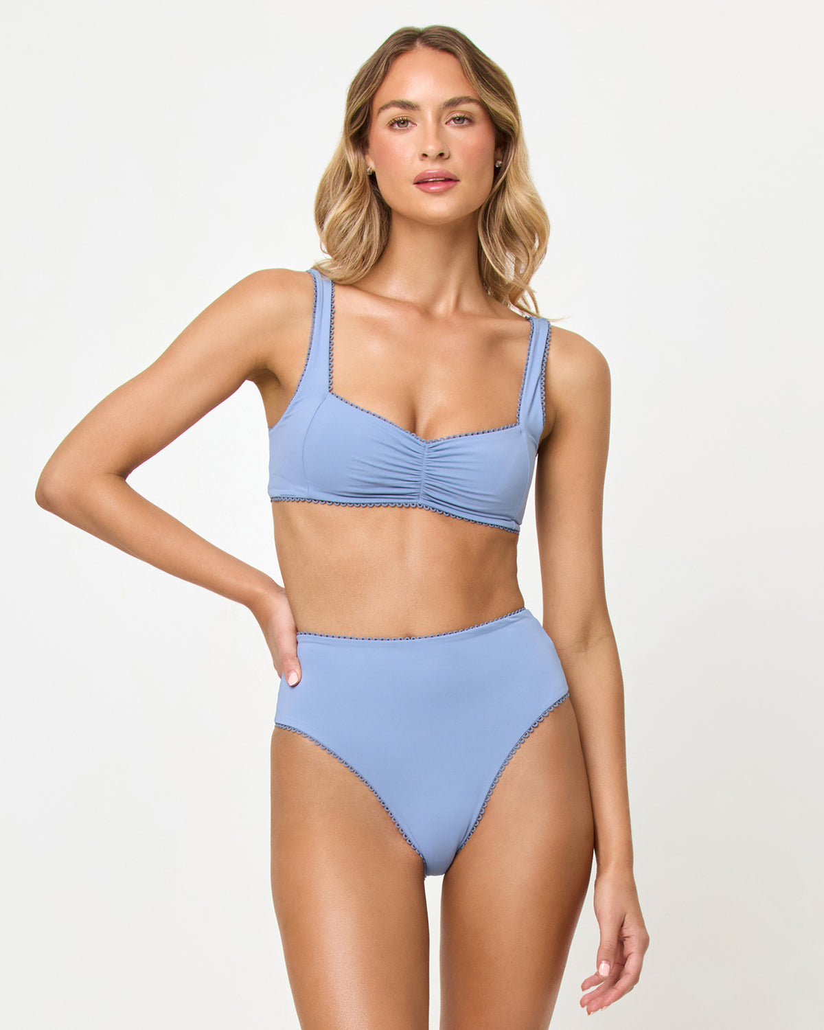 Effie Bikini Top - Chambray LSPACE Effie bikini top and Soleil bikini bottom in Chambray, front view on model.