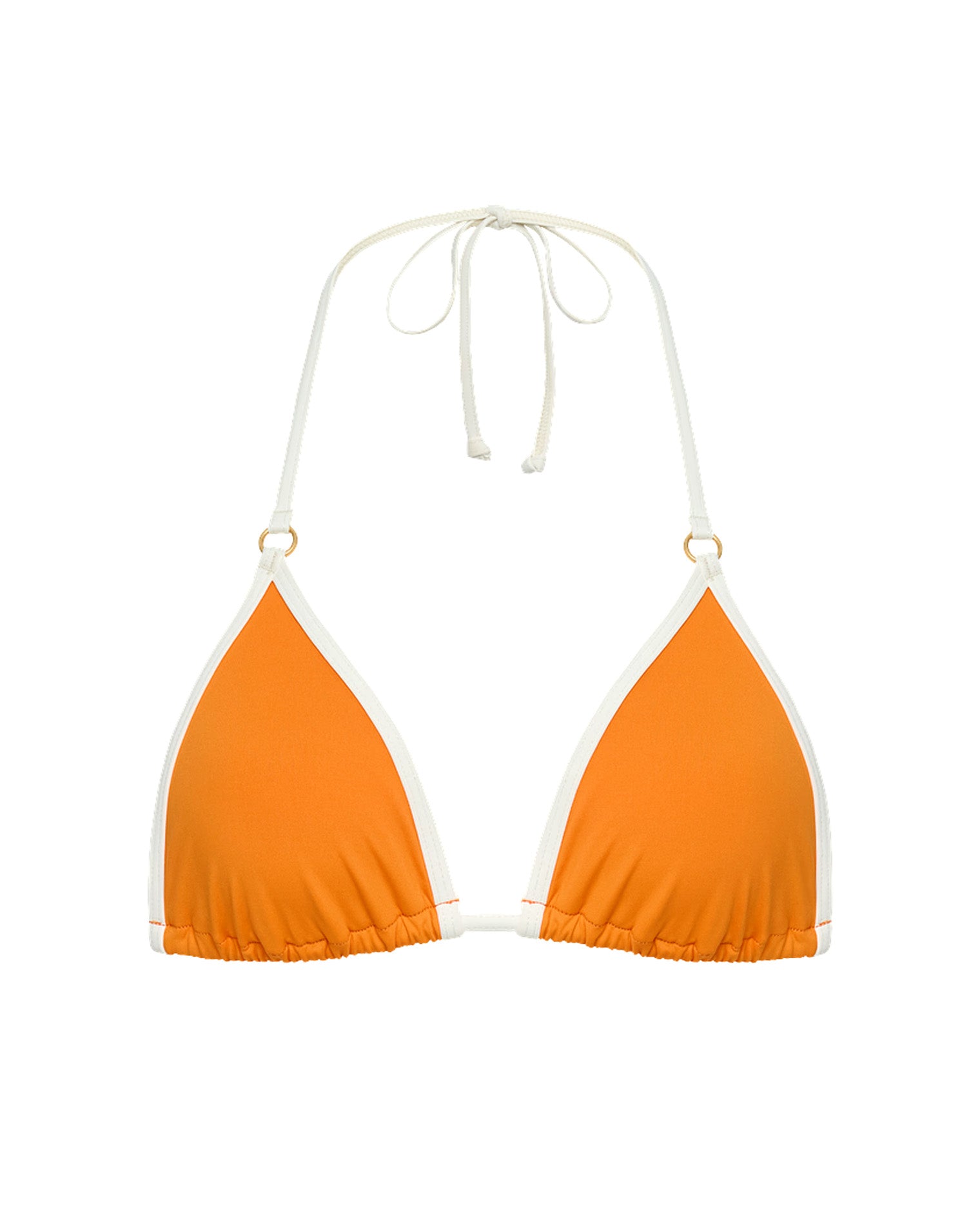 x The Salty Blonde Banning Bikini Top - Citron-Cream Off-model flat lay of the LSPACE x The Salty Blonde Citron-Cream Banning Bikini Top triangle style with cream halter ties and contrast cream trim.