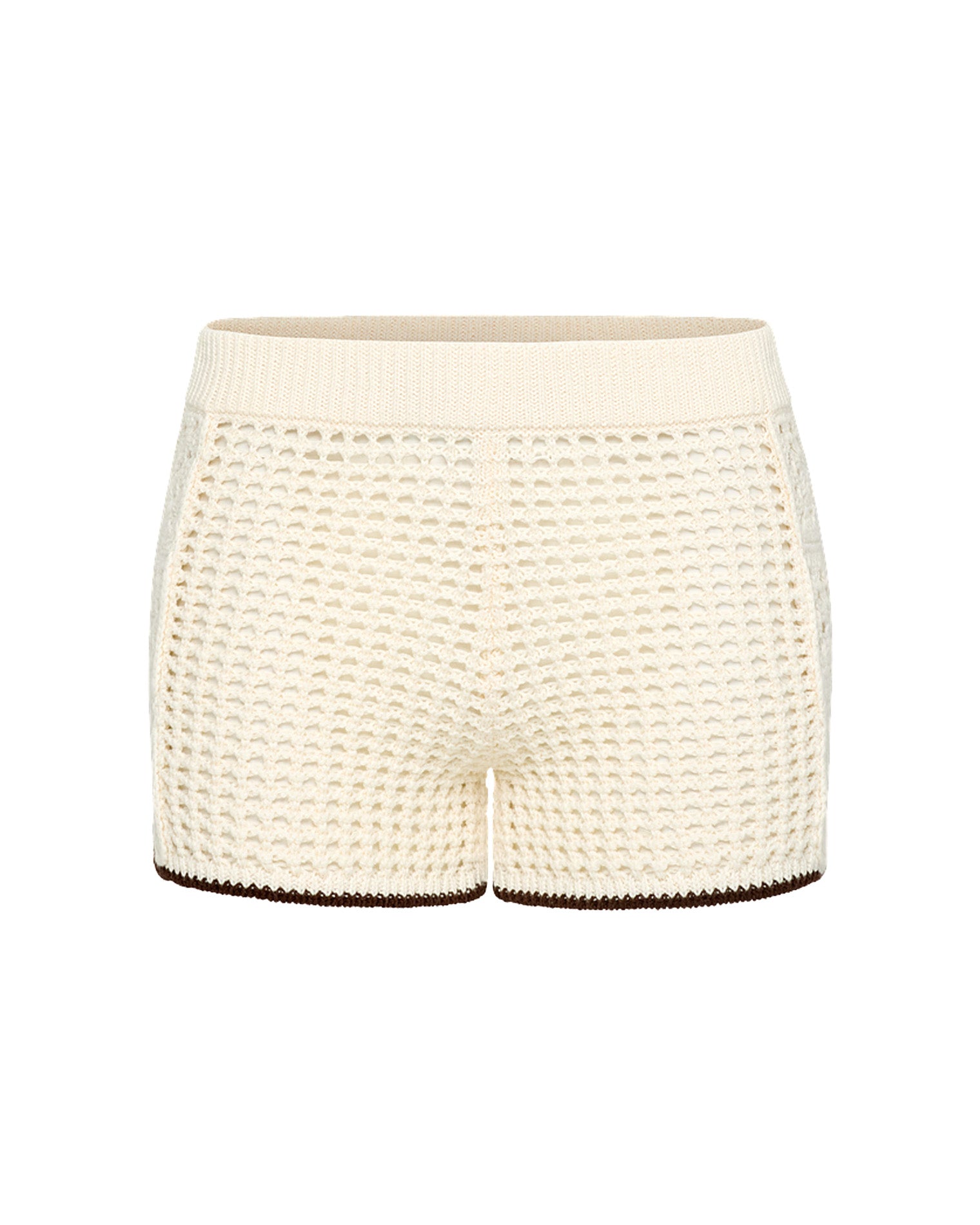x The Salty Blonde Scout Short - Cream-Espresso Off-model view of the LSPACE x The Salty Blonde Scout Short in cream-espresso, displayed flat to show the open-knit crochet texture, cream body, and espresso brown hem trim.