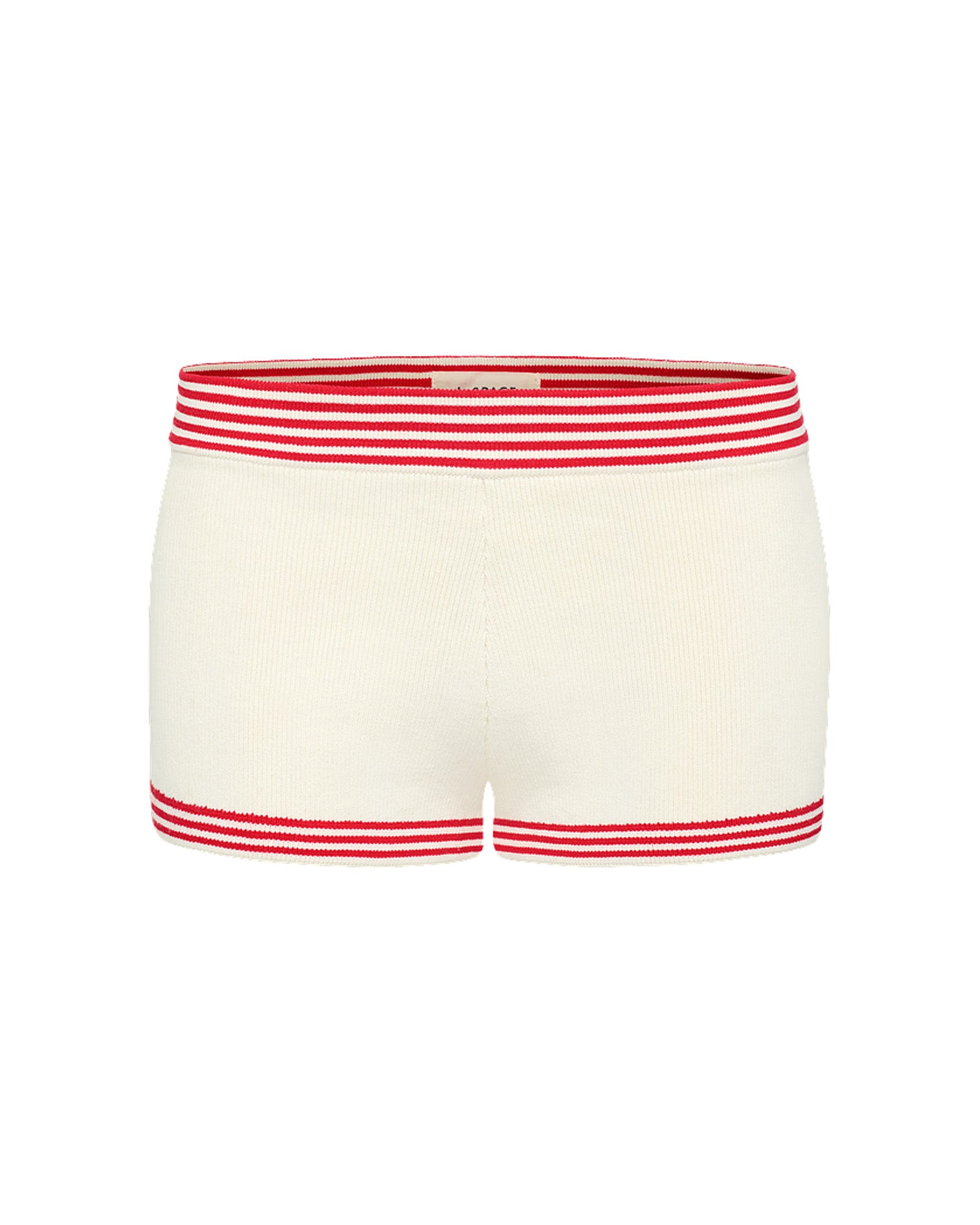 x The Salty Blonde Del Sol Short - Cream-Flame Off-model image of the LSPACE x The Salty Blonde Del Sol Short in cream-flame, a cream knit short with red striped trim at waist and hem.
