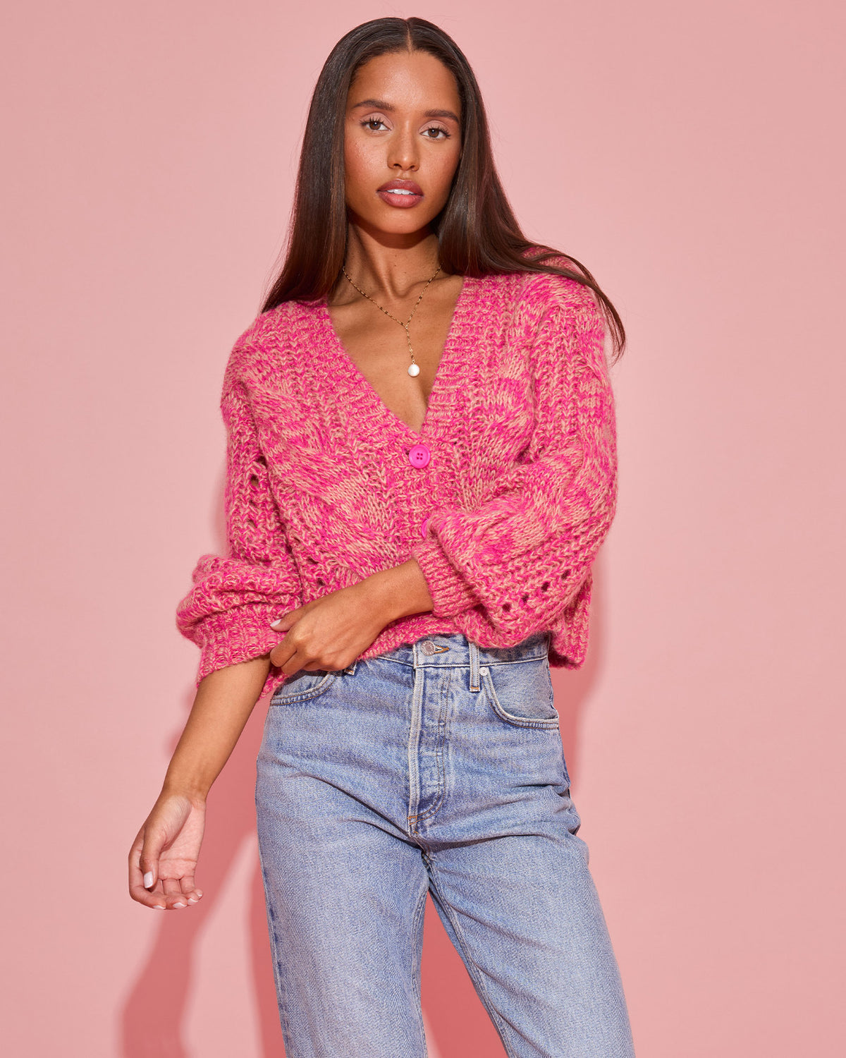 Strawberry Fields Cardigan - Strawberry Marl Strawberry Marl | Model: Lura (size: S)