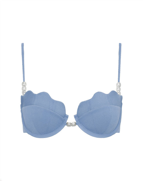 Off-model front view of the LSPACE chambray Sunrise Shell Bikini Top.