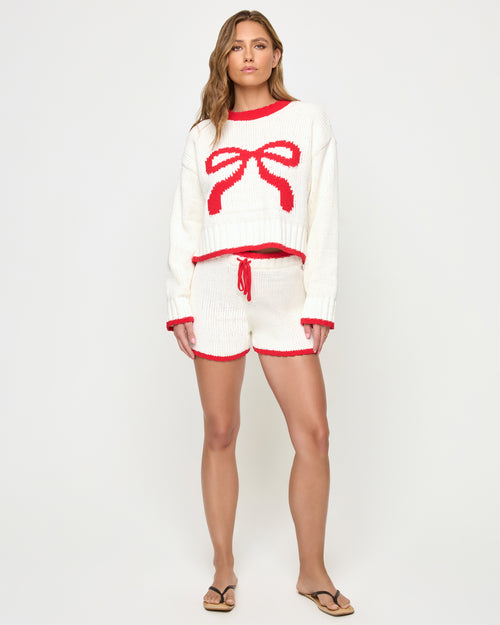 Take A Bow | Badge:New Arrival_#B2AC88_#ffffff' Women's red and cream knit set with bows