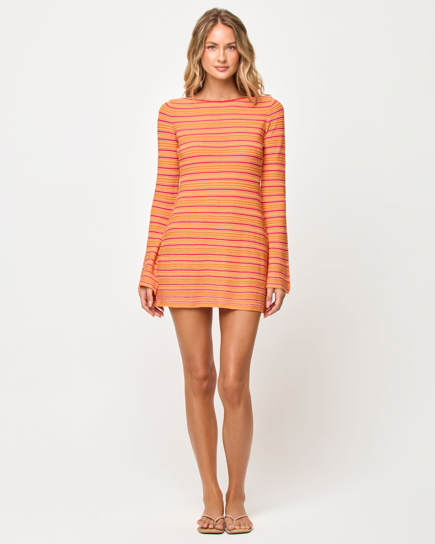 x The Salty Blonde Tita Dress - Chili Pepper Stripe Front view of model wearing the LSPACE x The Salty Blonde Tita Dress in chili pepper stripe.