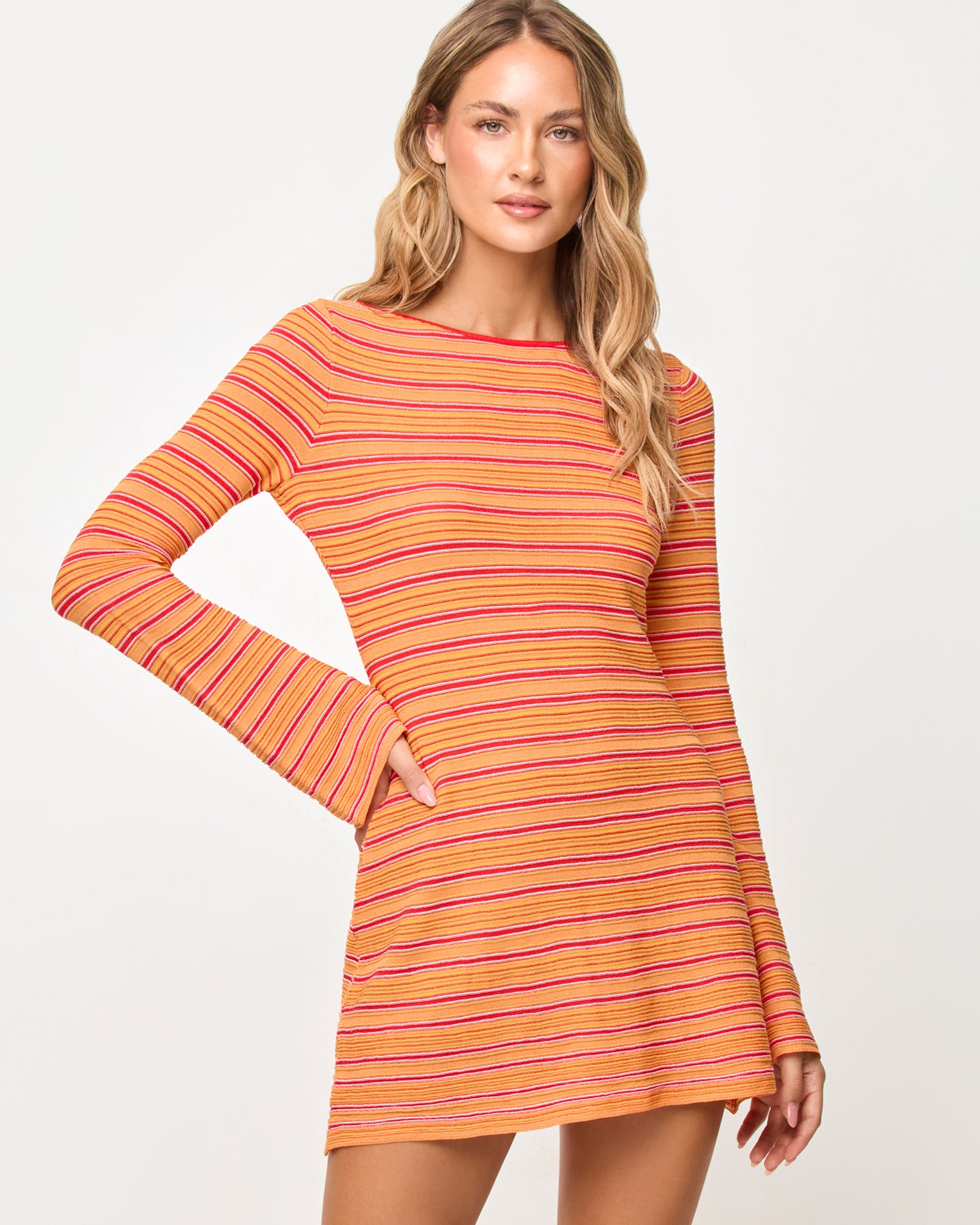 x The Salty Blonde Tita Dress - Chili Pepper Stripe Close-up of the LSPACE x The Salty Blonde Tita Dress in chili pepper stripe showing the stripe pattern detail.