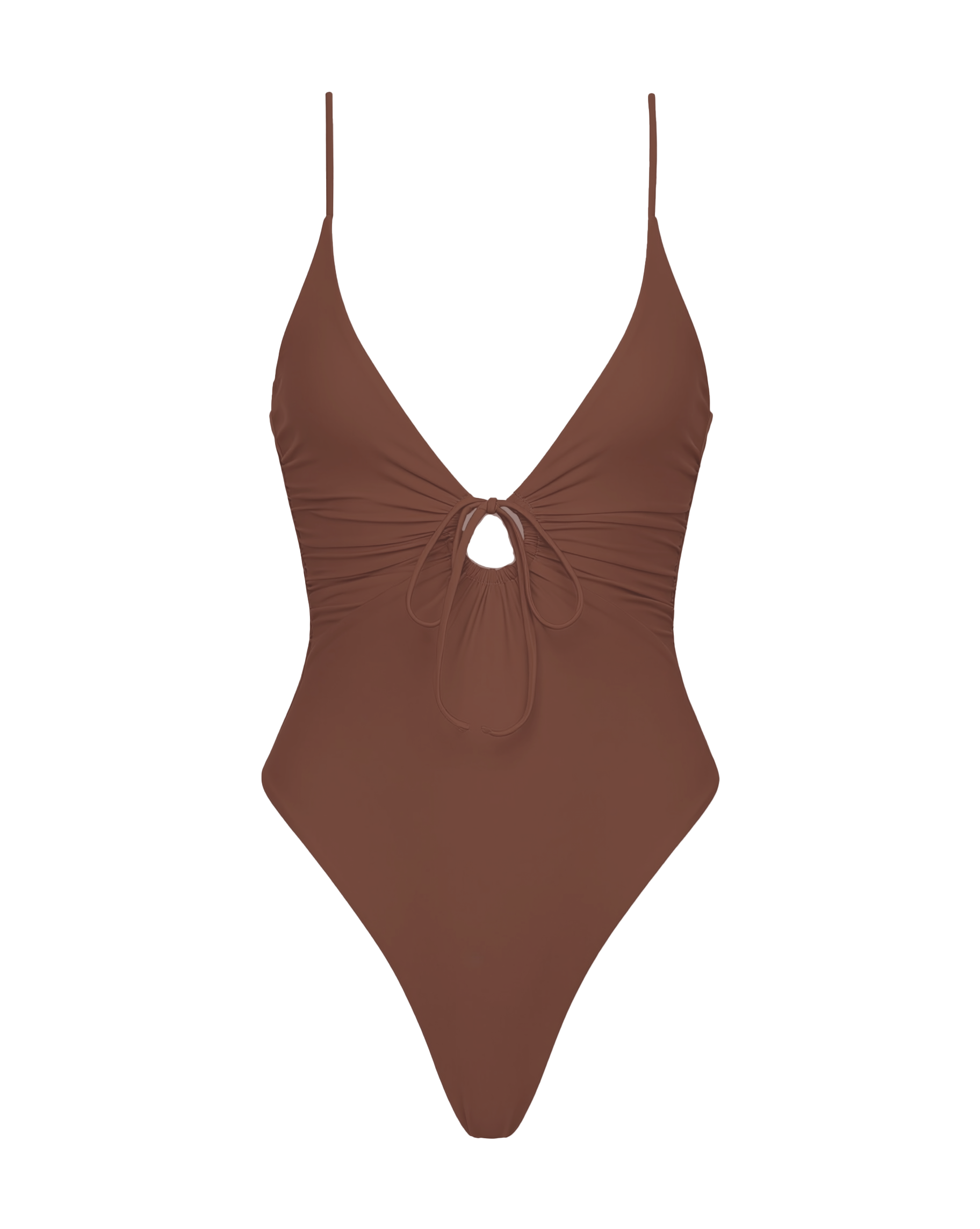 Piper One Piece Swimsuit - Cafe Off-model front view of the LSPACE cafe Piper One Piece Swimsuit.
