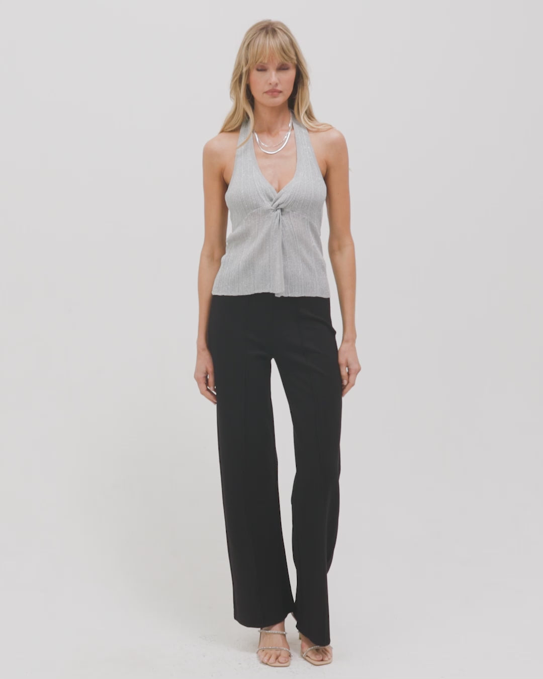 Callie Halter - Metallic Silver Video of model wearing the Callie Halter Top in metallic silver.