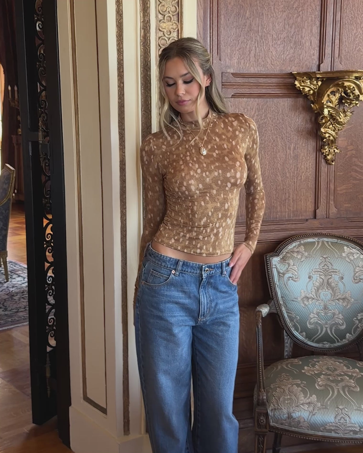 Shimmer Long Sleeve - Fawny Business Video of model wearing the Shimmer Long Sleeve in Fawny Business.