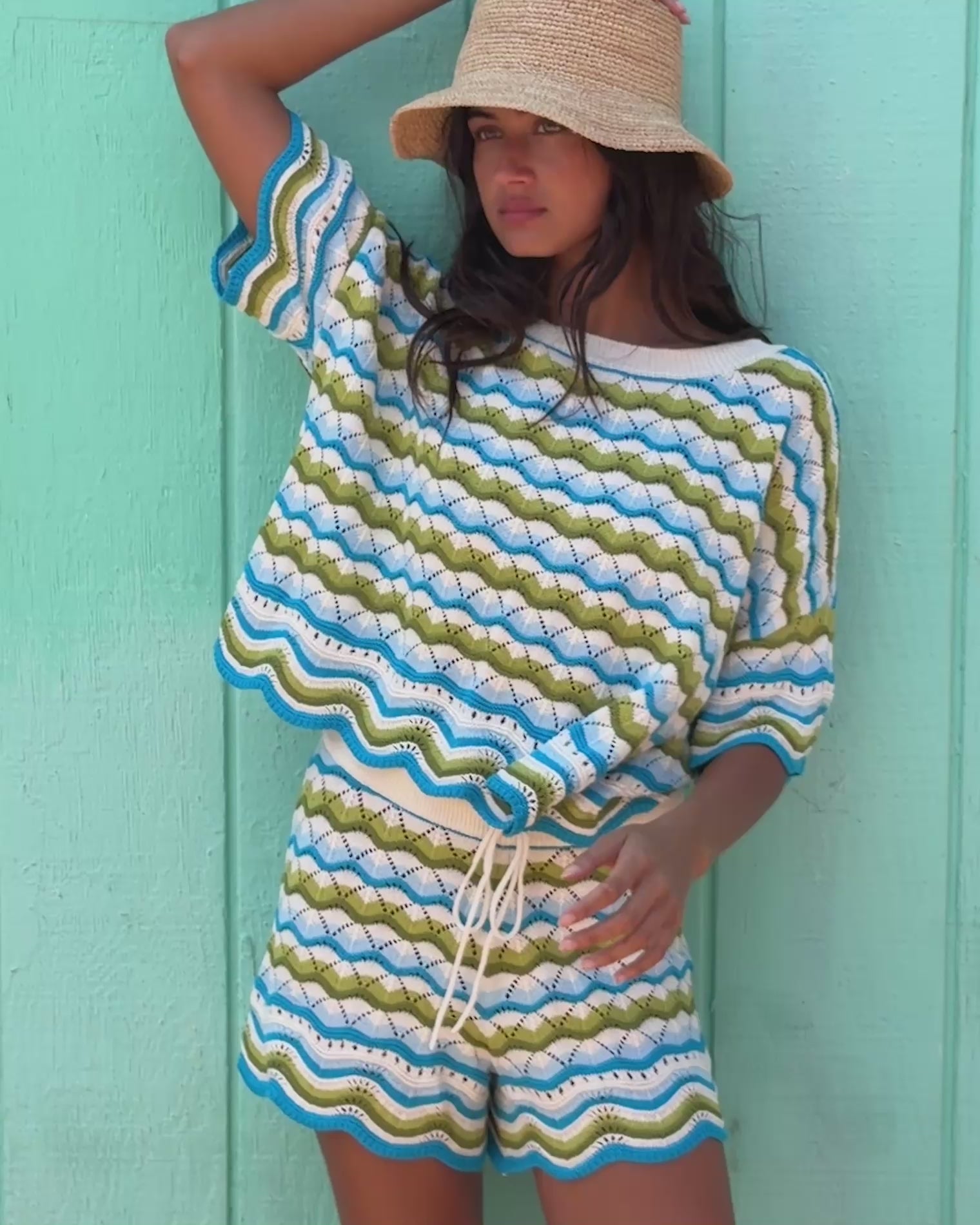 Sunchaser Short - Island Breeze Video of model wearing Sunchaser Top and Short in Island Breeze styled with the Isadora Hat