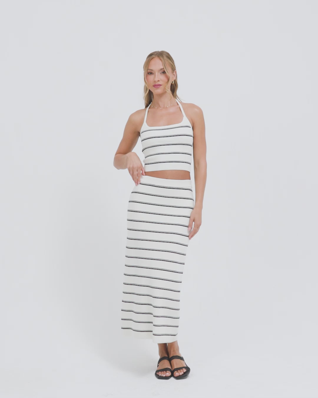 Ravello Skirt - Mykonos Stripe Video of model wearing the Ravello Skirt and Positano Top in Mykonos Stripe.
