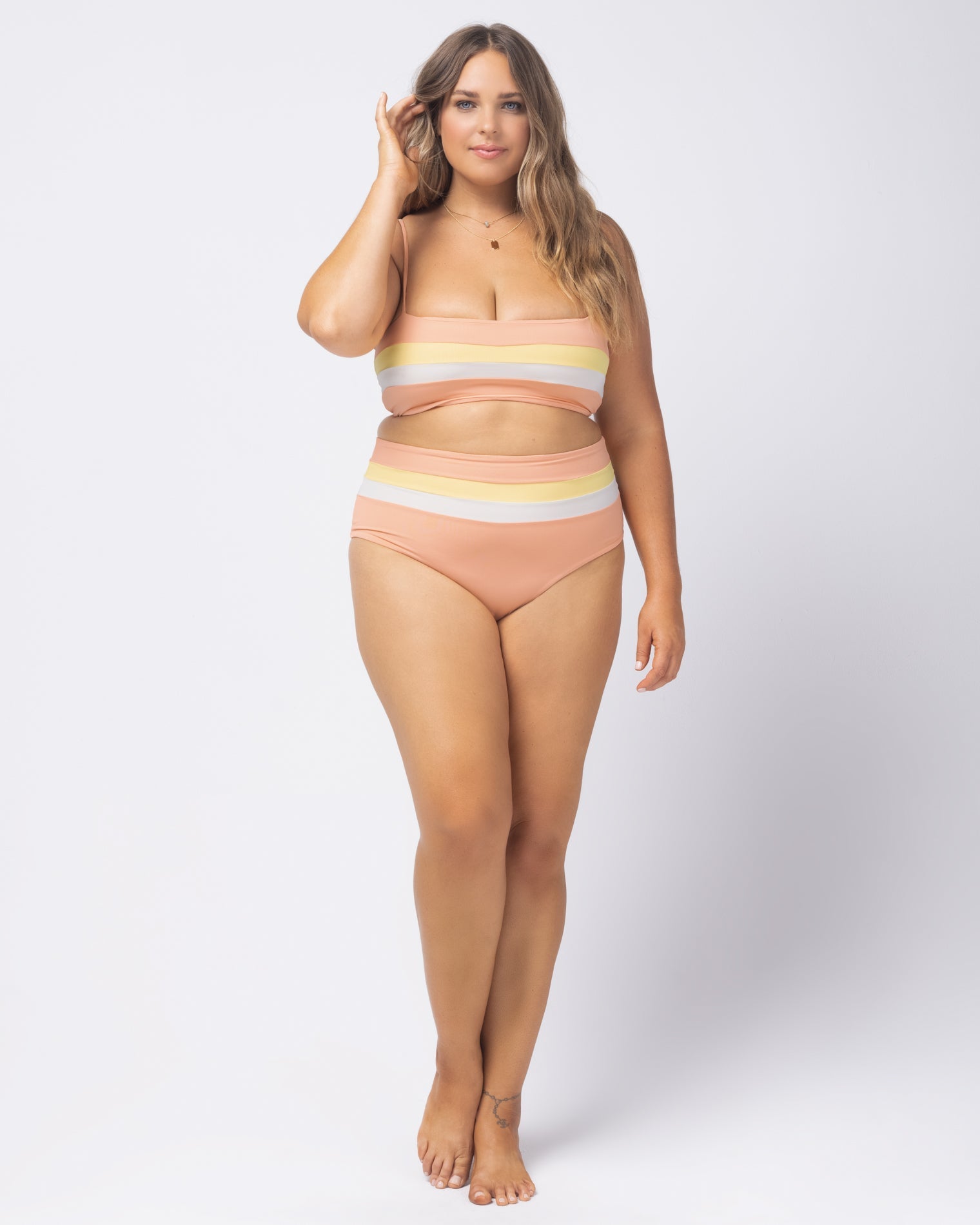 Portia Stripe Bikini Bottom Cream-Lemon Drop-Tangy | Model: Ali (size: XL)