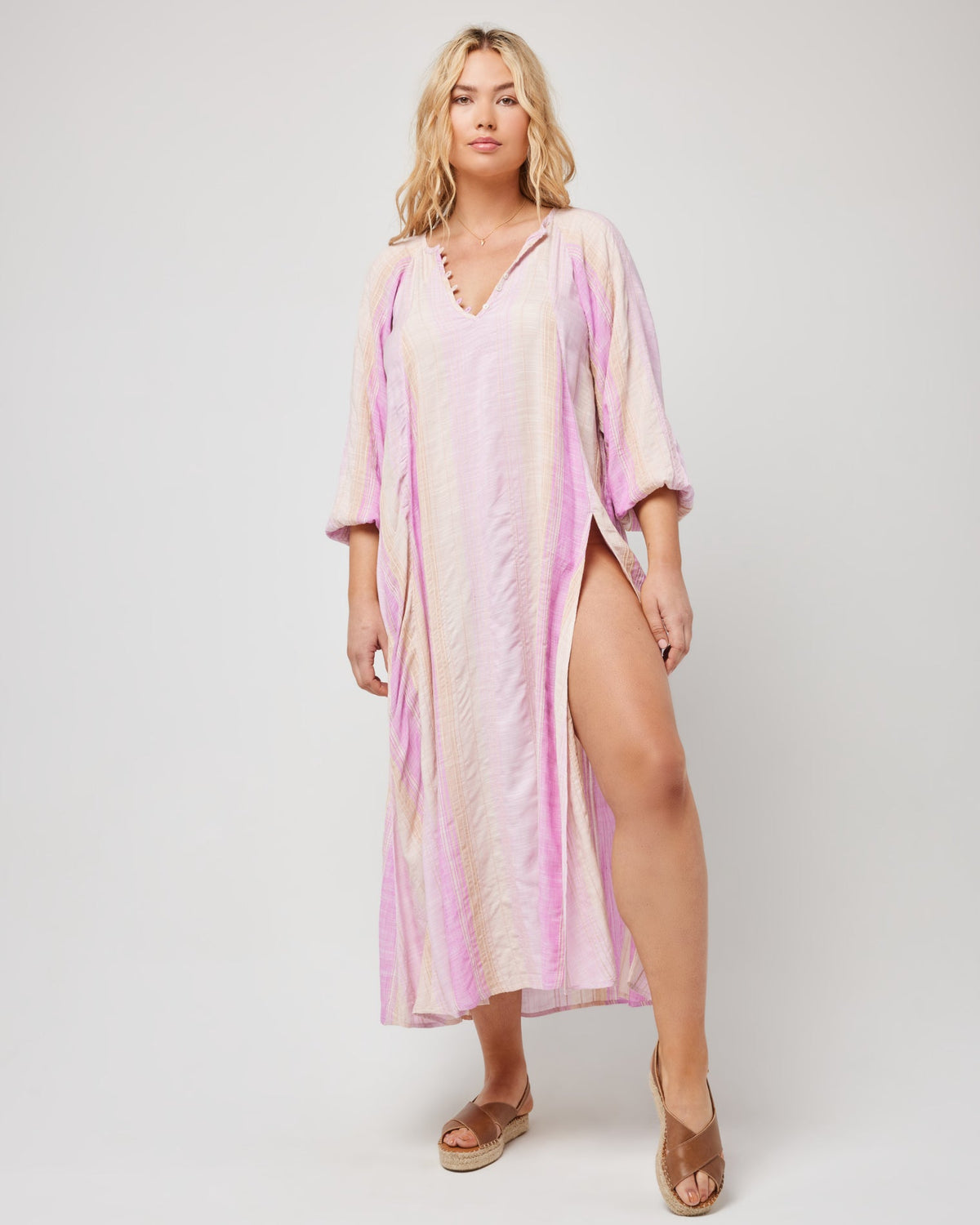 Cassia Dress Ravello Stripe Dusk | Model: Sydney (size: XL)