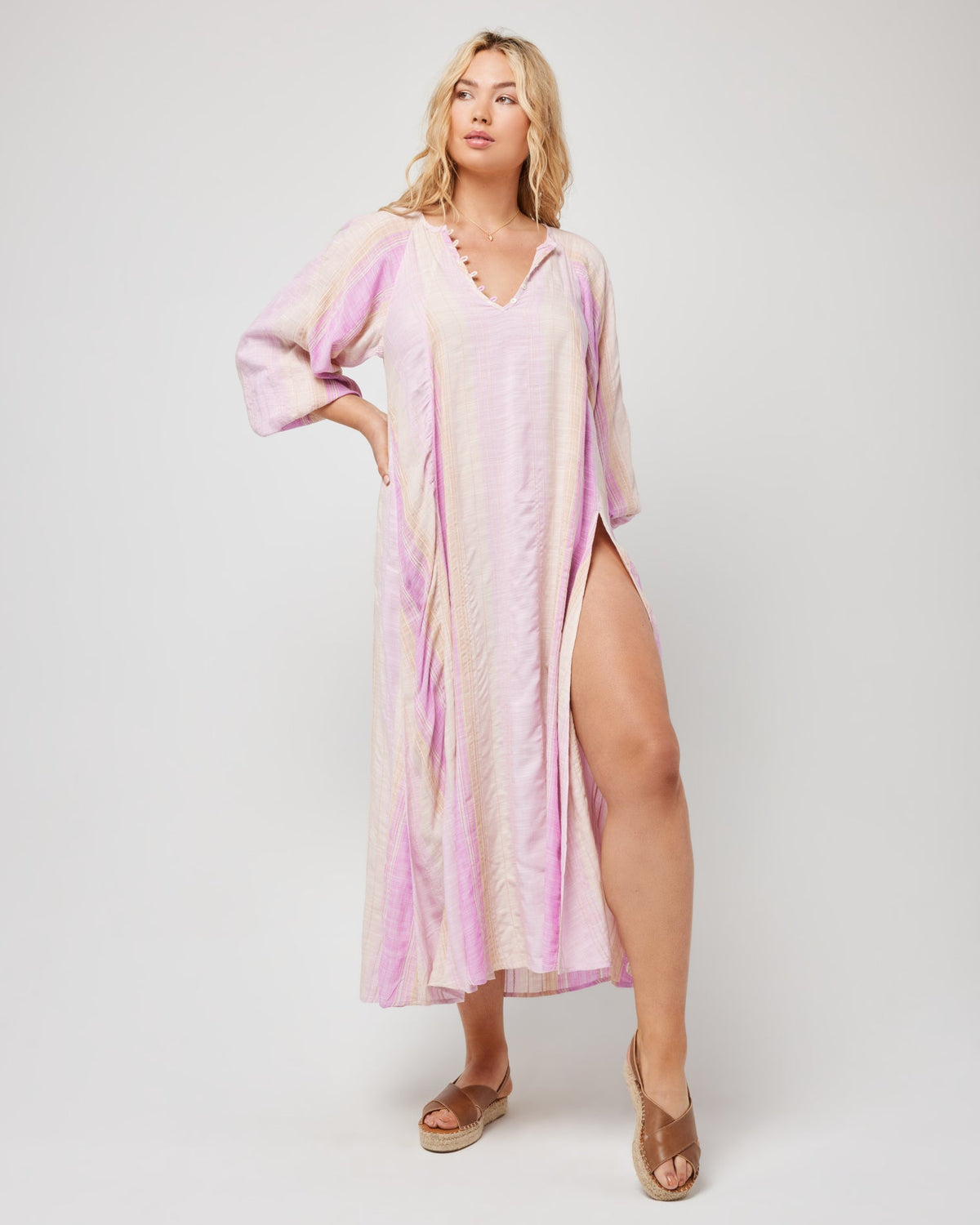 Cassia Dress Ravello Stripe Dusk | Model: Sydney (size: XL)