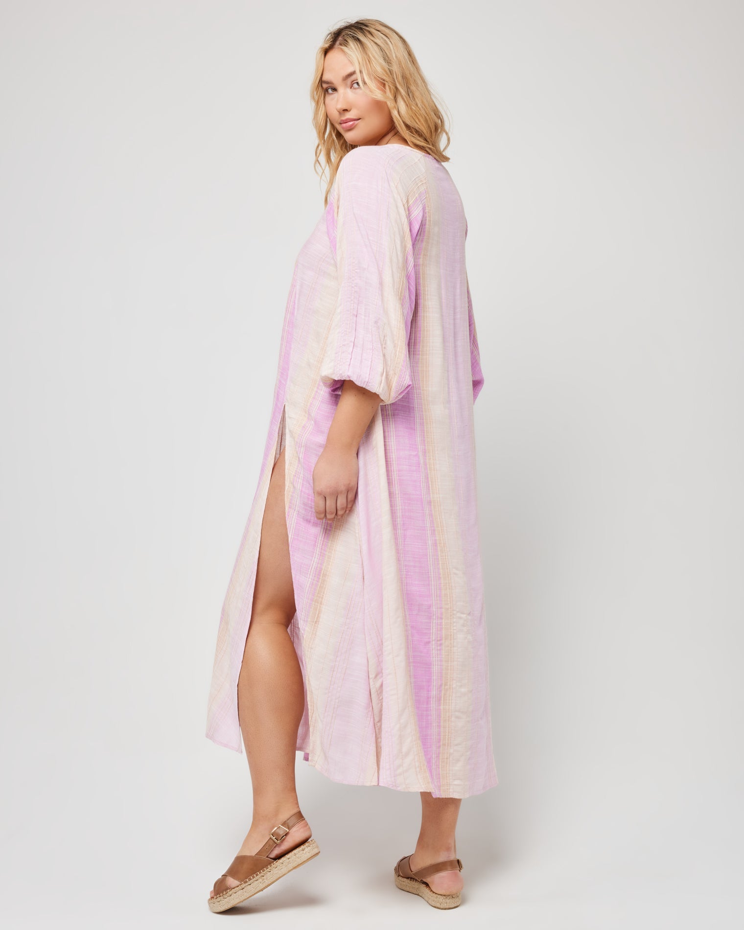 Cassia Dress Ravello Stripe Dusk | Model: Sydney (size: XL) | Hover
