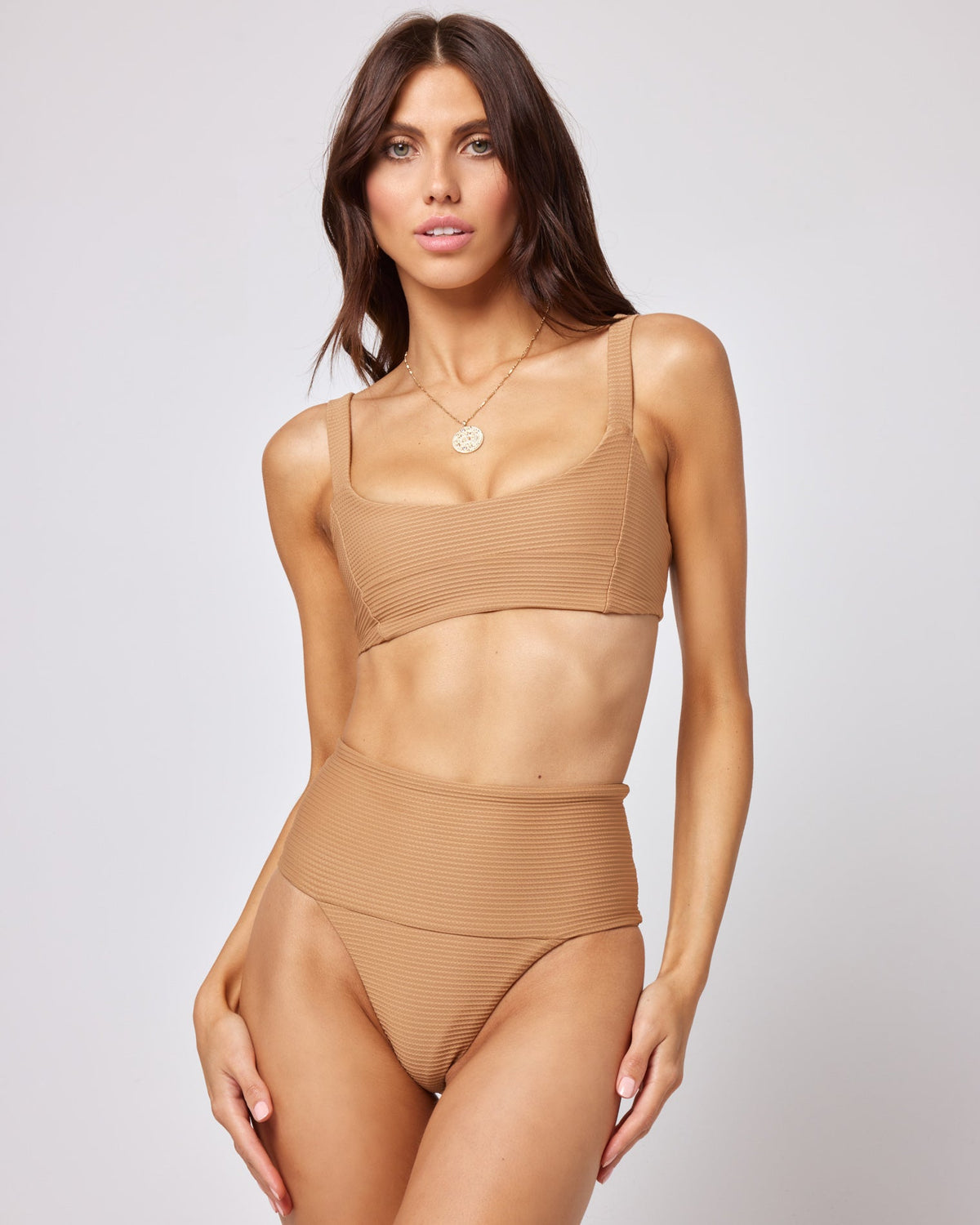 Eco Chic Repreve® Desi Bikini Bottom Camel | Model: Diana (size: S) | Hover