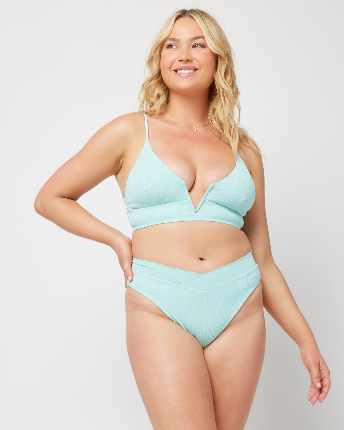 Pointelle Rib Court Bikini Bottom Sky Blue | Model: Ali (size: XL)