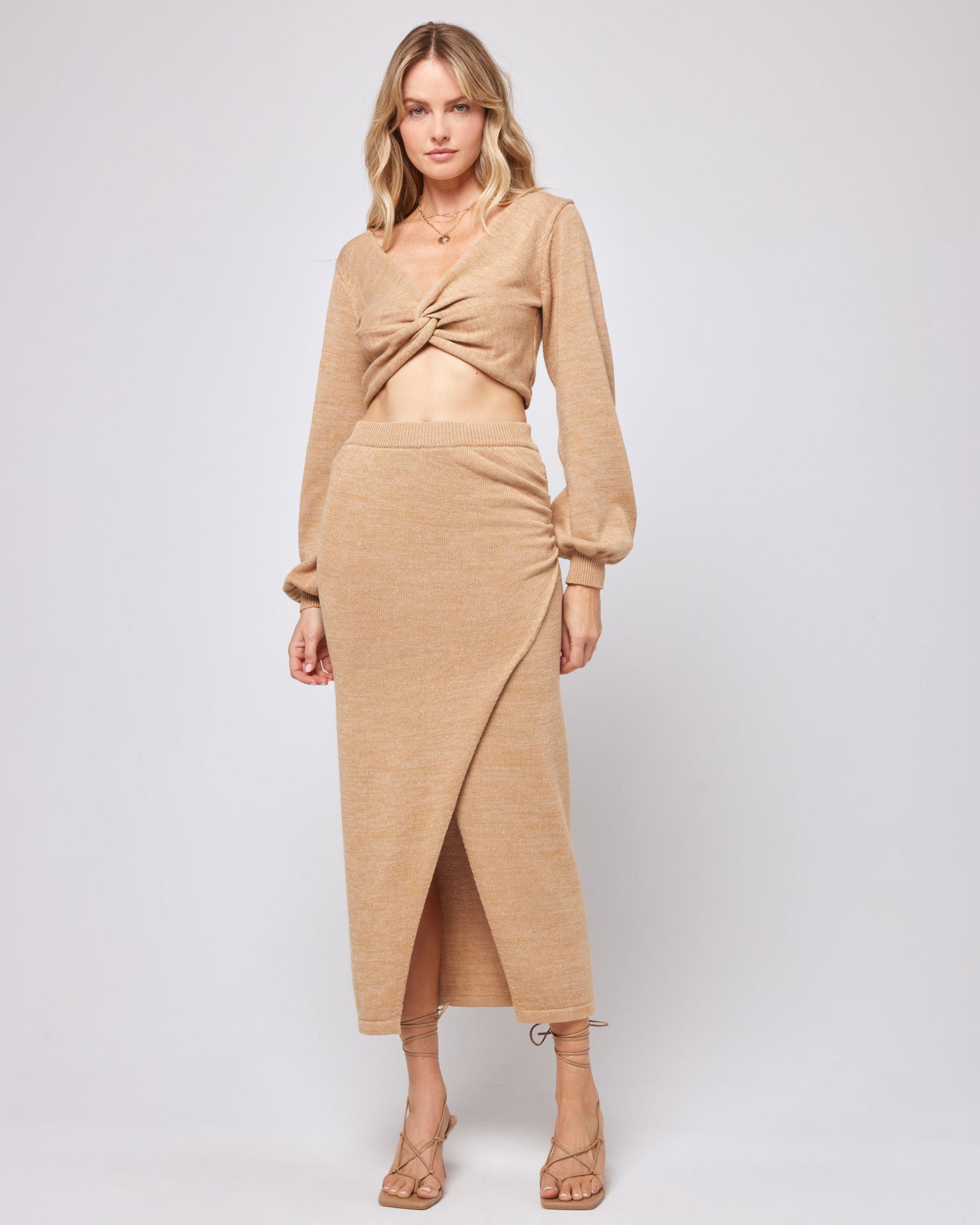Camel wrap store midi skirt