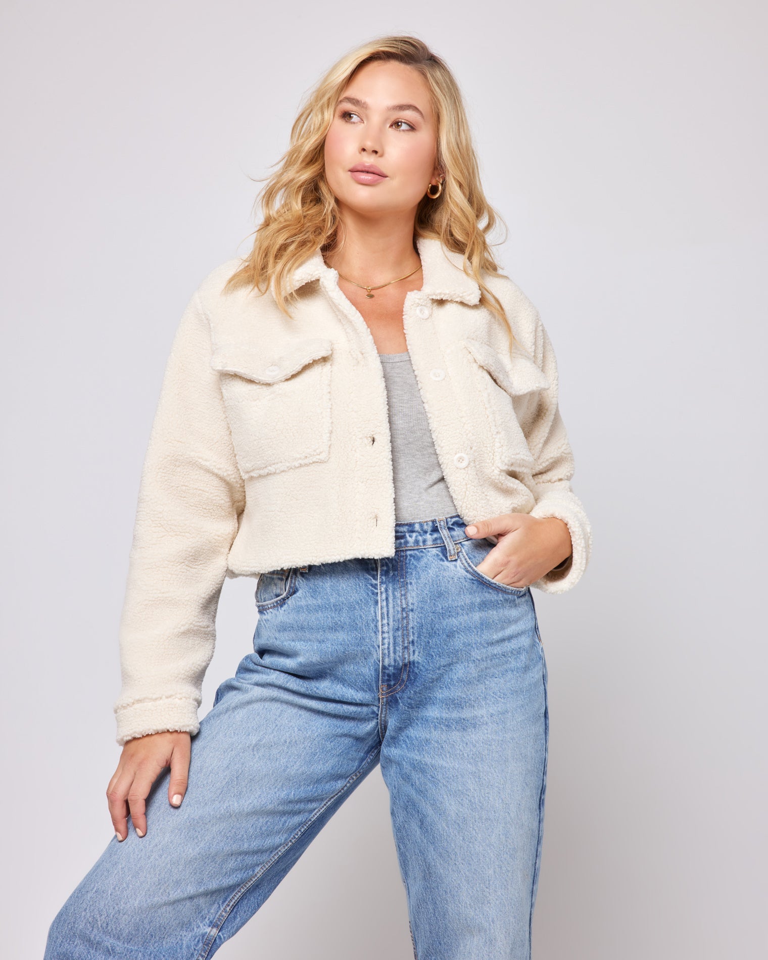 Cropped borg trucker jacket online